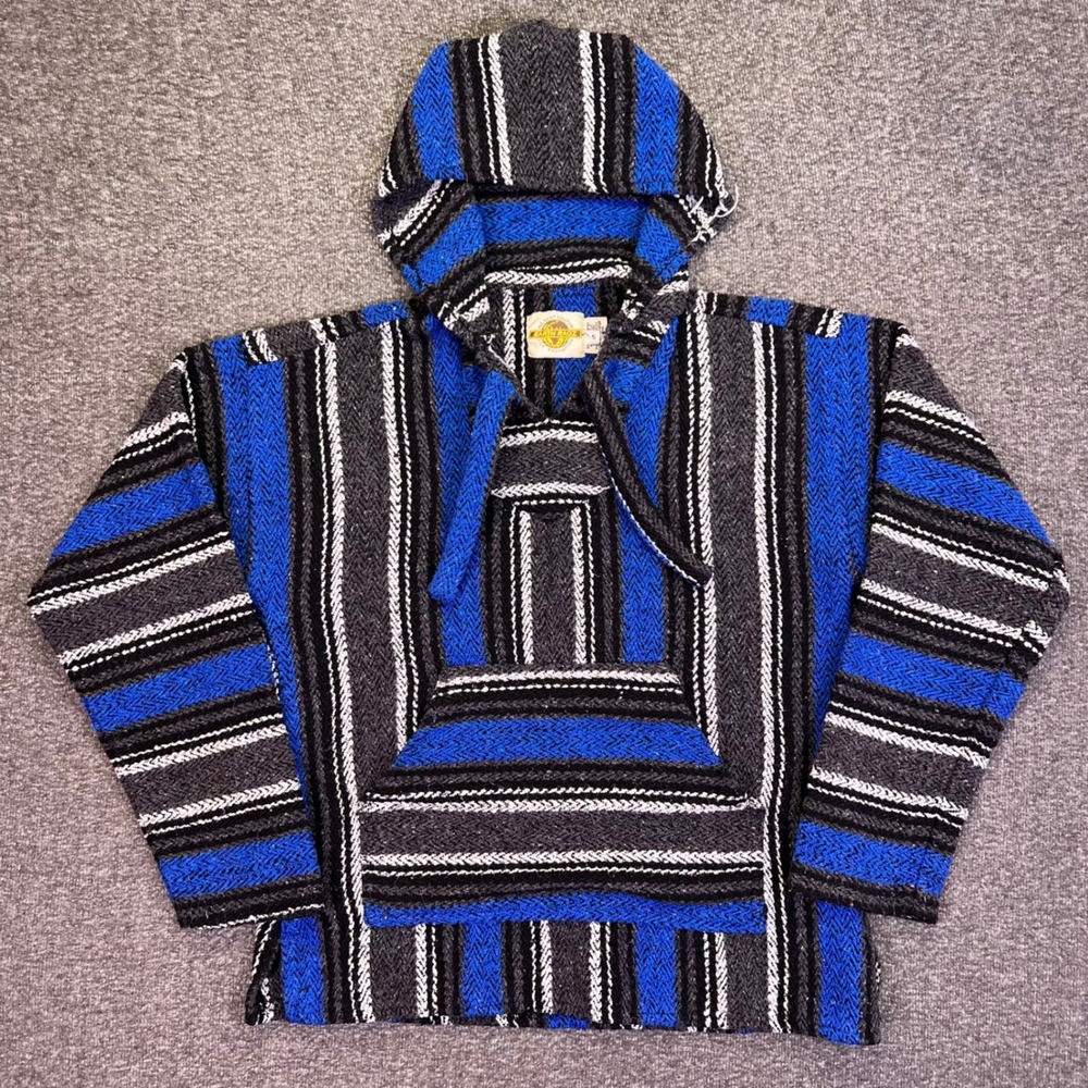 Earth Ragz Baja Hoodie S Blue Stripe Jerga Pullover Mexican Poncho Festival Boho